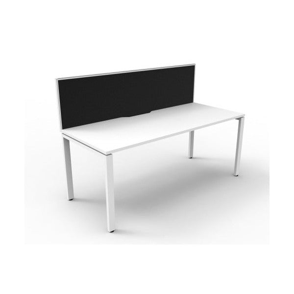 Rapidline Deluxe Infinity single sided desk with Natural White top and White Satin profile legs, black fabric screen, angled view on a white background