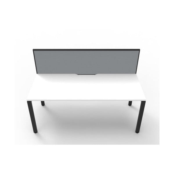 Rapidline Deluxe Infinity single sided desk with Natural White top and Black Satin profile legs, grey fabric screen, front on view