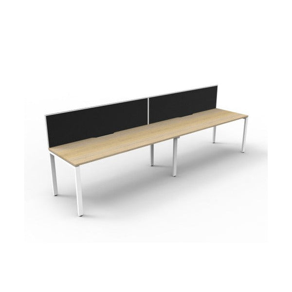 Rapidline Deluxe Infinity single sided 2 person workstation with Black Fabric SHUSH30 screens, Natural Oak tops and White Satin profile legs, second angled view.
