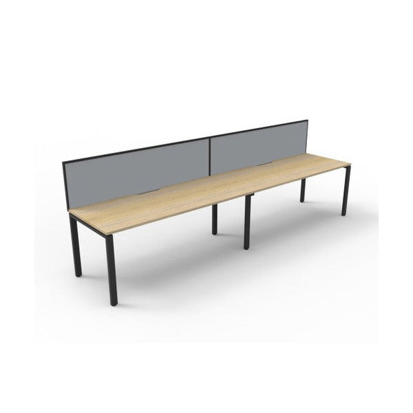 Rapidline Deluxe Infinity single sided 2 person workstation with Grey Fabric SHUSH30 screens, Natural Oak tops and Black Satin profile legs, second angled view.