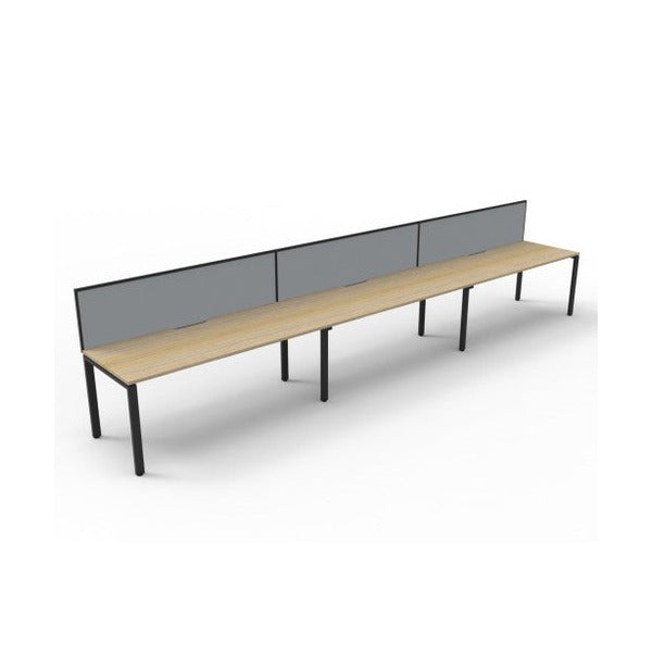 Rapidline Deluxe Infinity single sided 3 person workstation with Grey Fabric SHUSH30 screens, Natural Oak tops and Black Satin profile legs, second angled view.