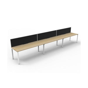 Rapidline Deluxe Infinity single sided 3 person workstation with Black Fabric SHUSH30 screens, Natural Oak tops and White Satin profile legs, angled view.