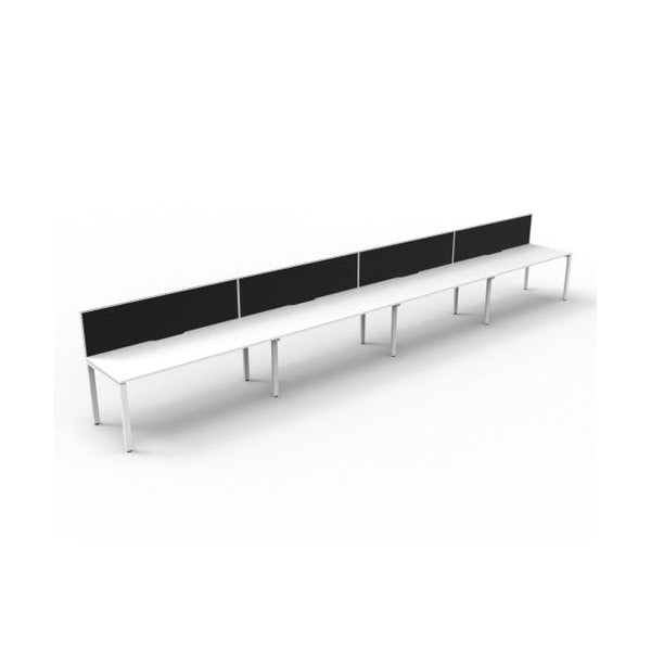 Rapidline Deluxe Infinity single sided profile leg workstation, pod of four desks with Natural White tops, White Satin base and a black fabric screen, angled view from the front left on a white background