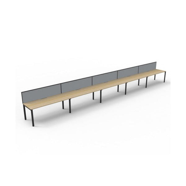 Rapidline Deluxe Infinity single sided profile leg workstation, pod of five desks with Natural Oak tops, Black Satin base and a grey fabric screen, angled view from the front left on a white background