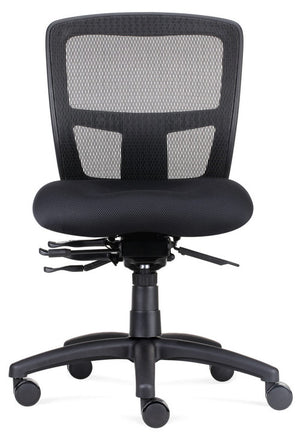 Front view of the Rapidline Ergo Task mesh operator chair in black, showing the mesh back, seat and 5 star base.