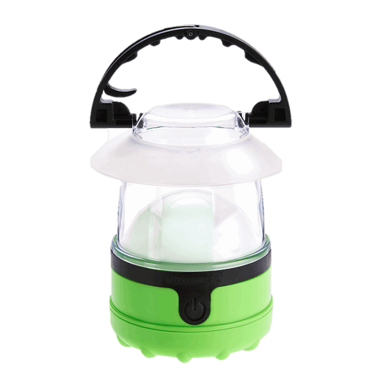 Dorcy D1017 table and area lantern in green, front view showing the rubber power button, frosted shade and black handle with hang hook