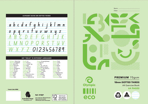 Olympic Eco Exercise Book A4 64 Pages 18mm Dotted Thirds Stapled Pack of 20