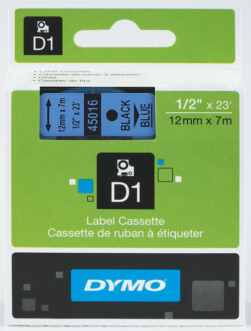 Dymo D1 Label Tape 12mm x 7m Black on Blue
