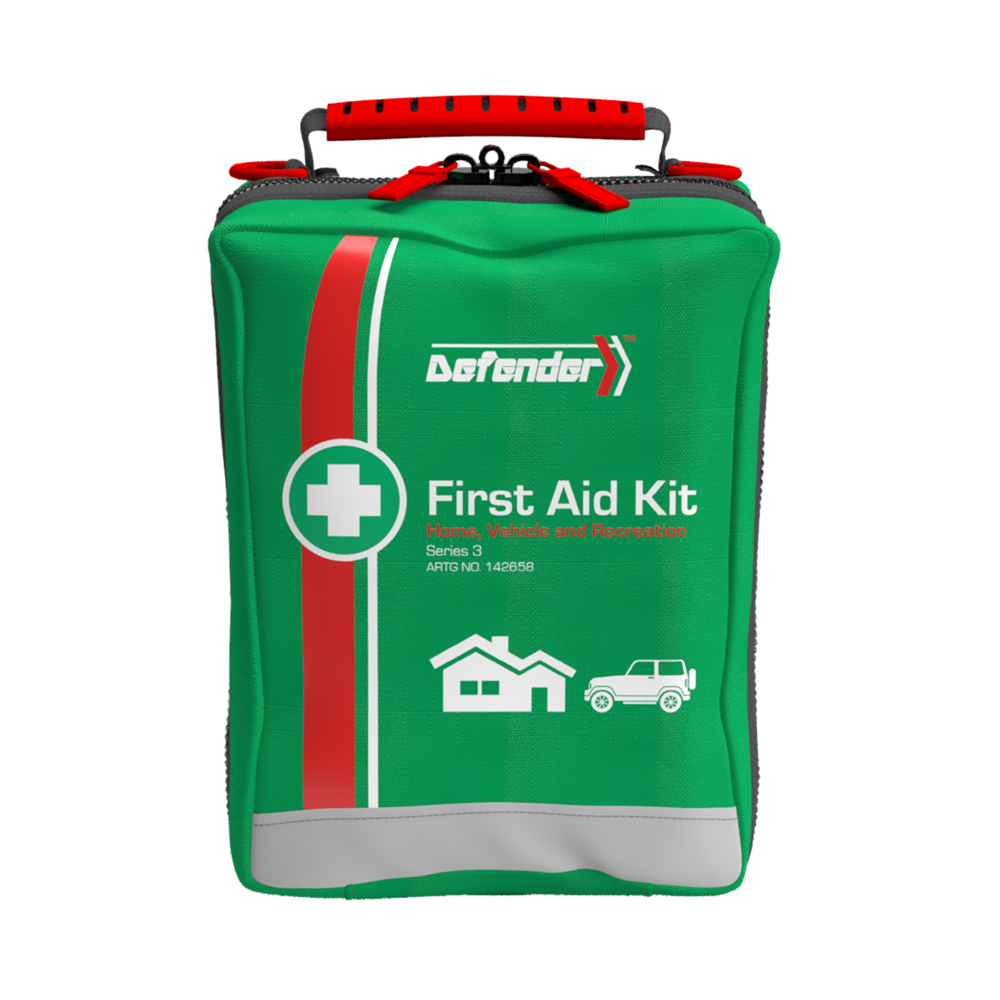 DEFENDER 3 Series Softpack Versatile First Aid Kit 13 x 9 x 19.5cm showing soft carry case pre-stocked first aid kit for portable workplace and vehicle use