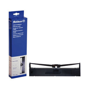 Tall blue Pelikan needle printer supplies box for article 530141, marked for Epson FX 890, standing beside the long black ribbon cartridge