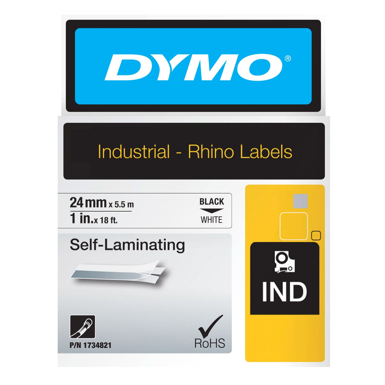 Dymo Rhino self-laminating label tape 24mm x 5.5m black on white with clear overlaminate for premium cable identification