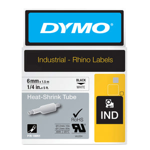Dymo Rhino heat shrink tube label tape 6mm x 1.5m black on white for small-gauge wire identification