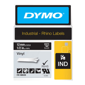 Dymo Rhino vinyl label tape 12mm x 5.5m white on black high contrast for dark panels and cable management systems