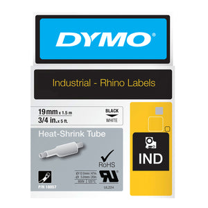 Dymo Rhino heat shrink tube label tape 19mm x 1.5m black on white for large diameter cables and multicore bundles