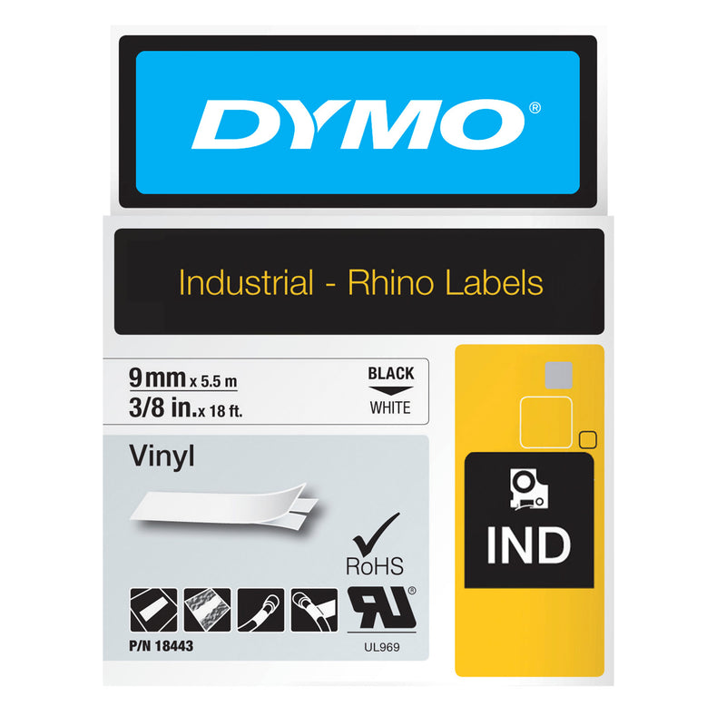 Dymo Rhino vinyl label tape 9mm x 5.5m black on white UV and moisture resistant for industrial cable labelling