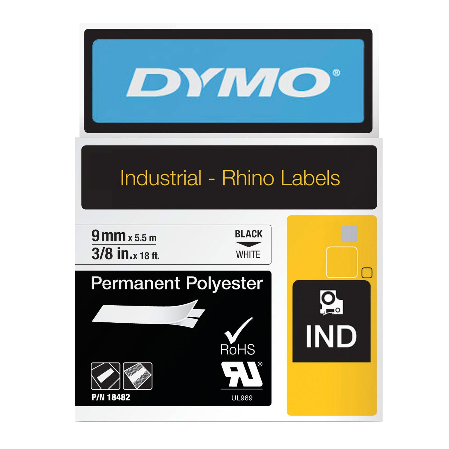 Dymo Rhino permanent polyester label tape 9mm x 5.5m black on white chemical resistant for harsh industrial environments