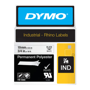 Dymo Rhino permanent polyester label tape 19mm x 5.5m black on white for switchboards and major industrial equipment