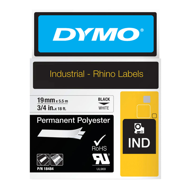 Dymo Rhino permanent polyester label tape 19mm x 5.5m black on white for switchboards and major industrial equipment