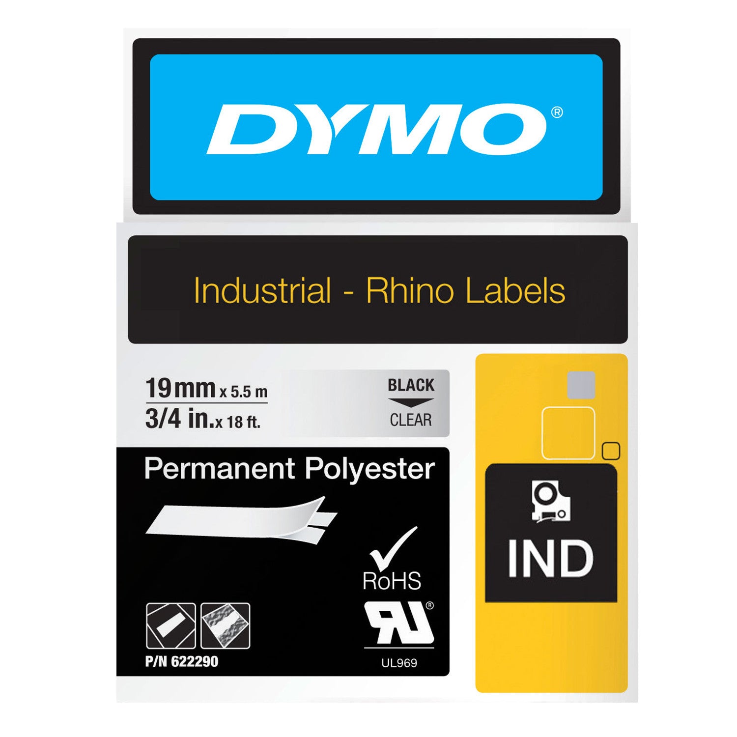 Dymo Rhino vinyl label tape 19mm x 5.5m black on clear transparent for professional AV and electrical panel installations