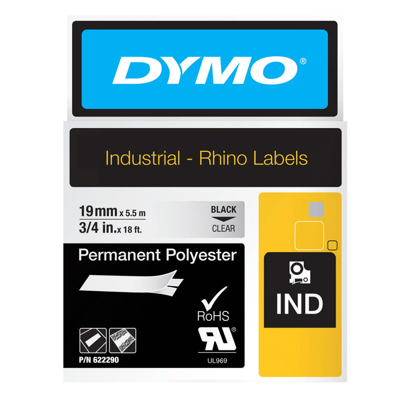 Dymo Rhino vinyl label tape 19mm x 5.5m black on clear transparent for professional AV and electrical panel installations