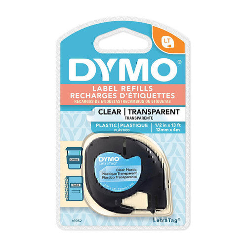 Dymo LetraTag plastic label tape 12mm x 4m black on clear transparent single roll for LetraTag label makers