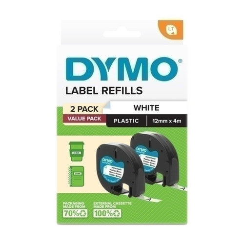 Dymo LetraTag plastic label tape 12mm x 4m black on white twin pack moisture resistant 2 rolls
