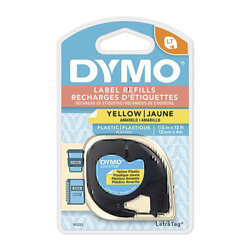 Dymo LetraTag plastic label tape 12mm x 4m black on yellow single roll for LetraTag label makers