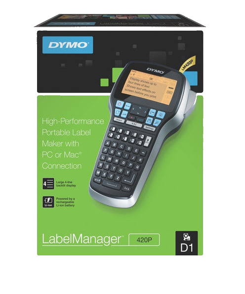 DYMO LabelManager 420P portable label maker with rechargeable battery and PC or Mac connectivity in retail packaging.