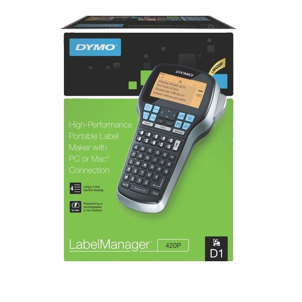 DYMO LabelManager 420P portable label maker with rechargeable battery and PC or Mac connectivity in retail packaging.