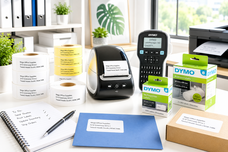 A Dymo office labeling set arranged on a desk, including a black handheld label printer, several rolls of printed labels, branded retail boxes, a blue envelope, a pen, and a notebook. The scene is brightly lit with a window and office decor in the background.