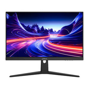 Dahua E241B monitor DHI-LM25-E241B, front view with a thin black bezel, Dahua logo centred below the screen, a slim neck and a wide two-legged stand, abstract purple and orange landscape on screen