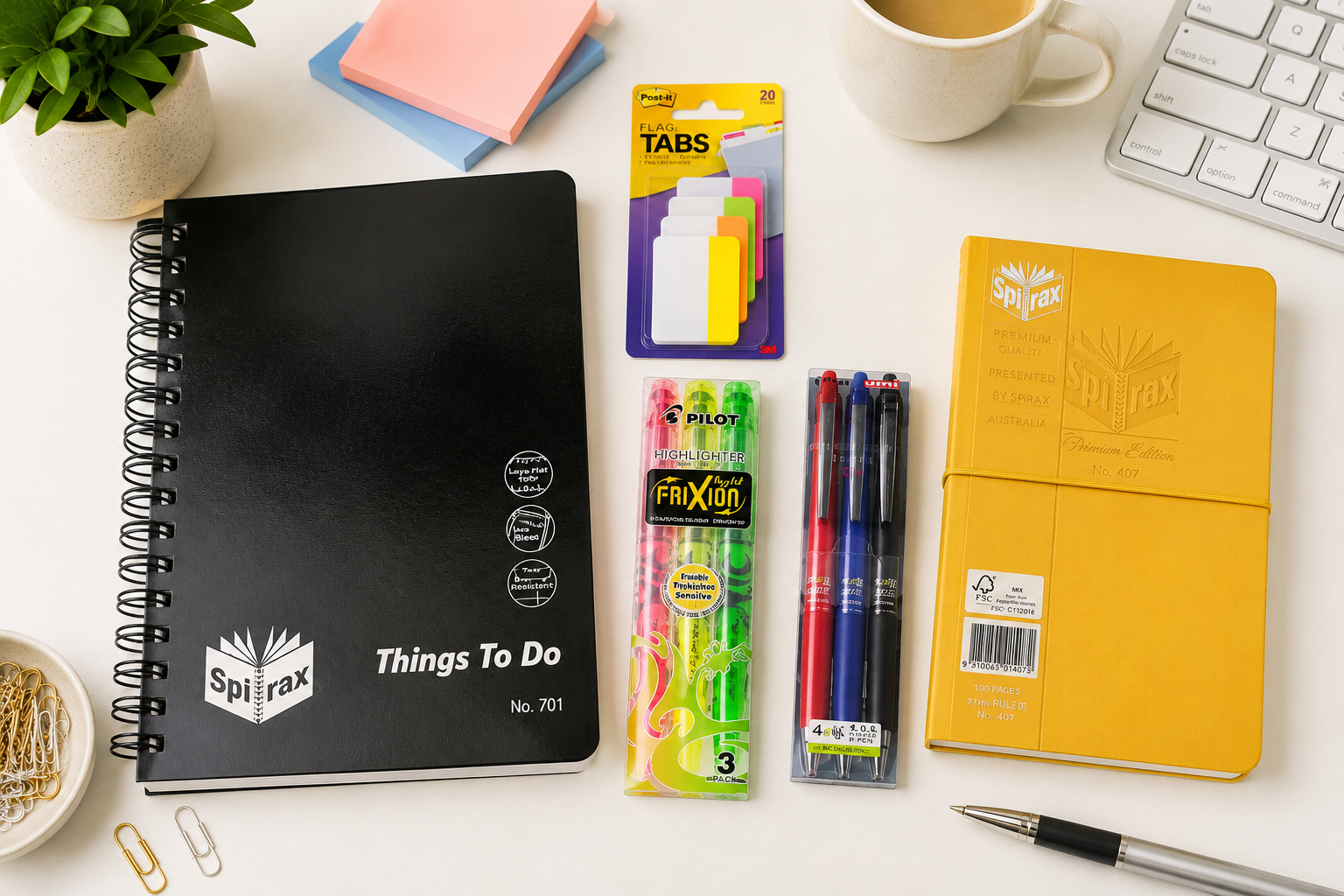 A flat-lay arrangement of stationery items on a white desk, including a black spiral notebook labeled 'Spirax Things To Do', a yellow spiral-bound notebook, a pack of colorful highlighters, a pack of sticky notes, a pen, paper clips, sticky notes, and a mug.