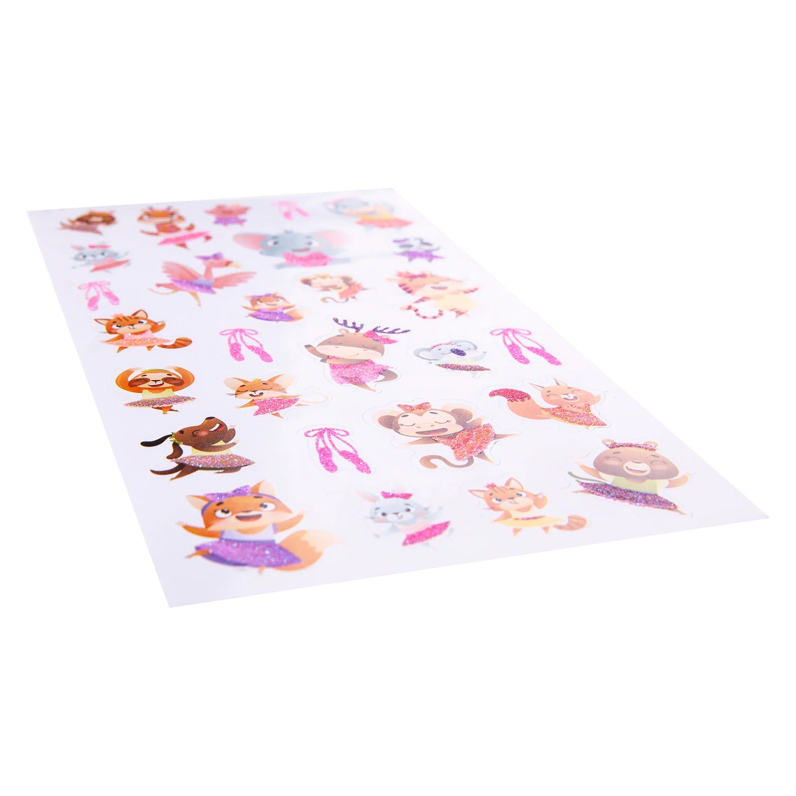 Angled view highlighting the glitter finish across the sticker collection. Sparkling dance costumes and cheerful animal characters shimmer with colourful reflective details.