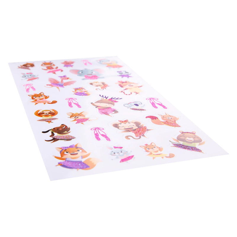 Angled view highlighting the glitter finish across the sticker collection. Sparkling dance costumes and cheerful animal characters shimmer with colourful reflective details.