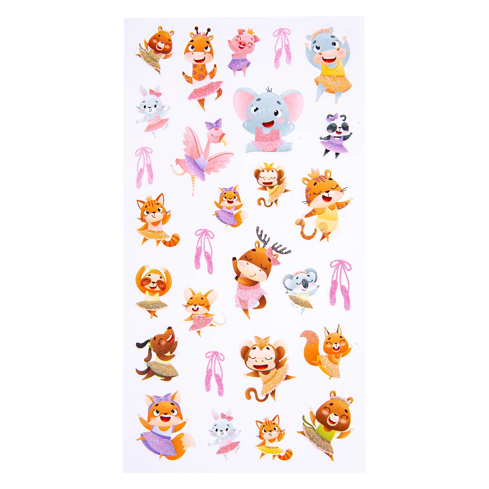 Complete sticker sheet showing all 28 Dancing Dreamers glitter stickers including dancing animals, ballet slippers and whimsical performance themed designs in vibrant colours.