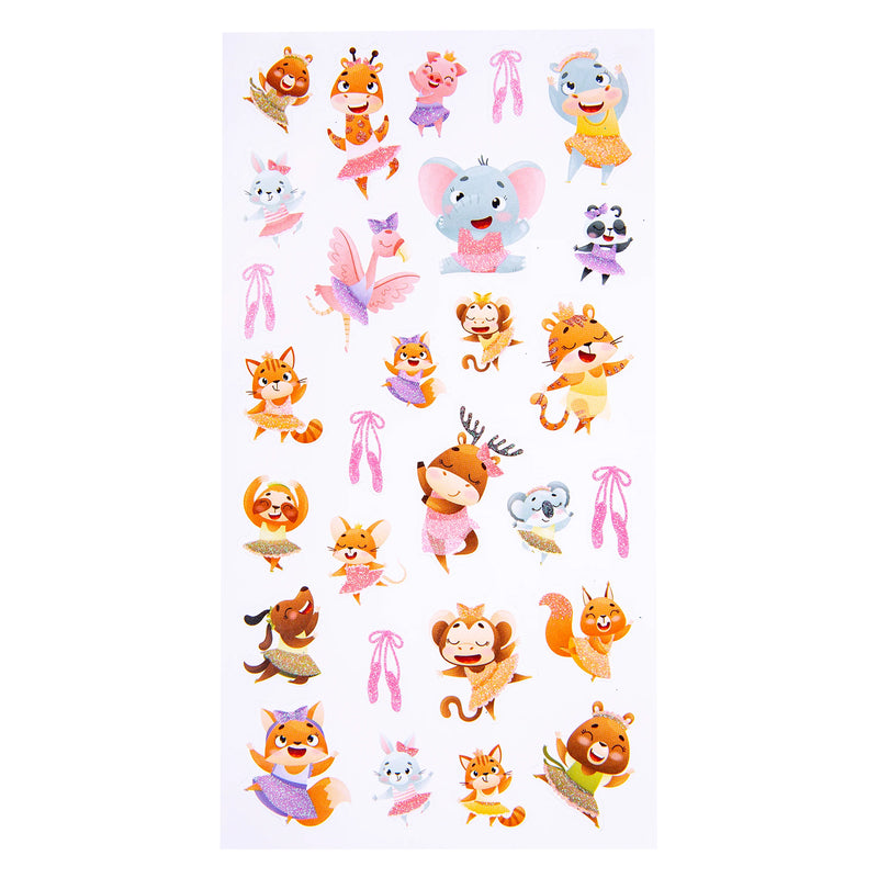 Complete sticker sheet showing all 28 Dancing Dreamers glitter stickers including dancing animals, ballet slippers and whimsical performance themed designs in vibrant colours.