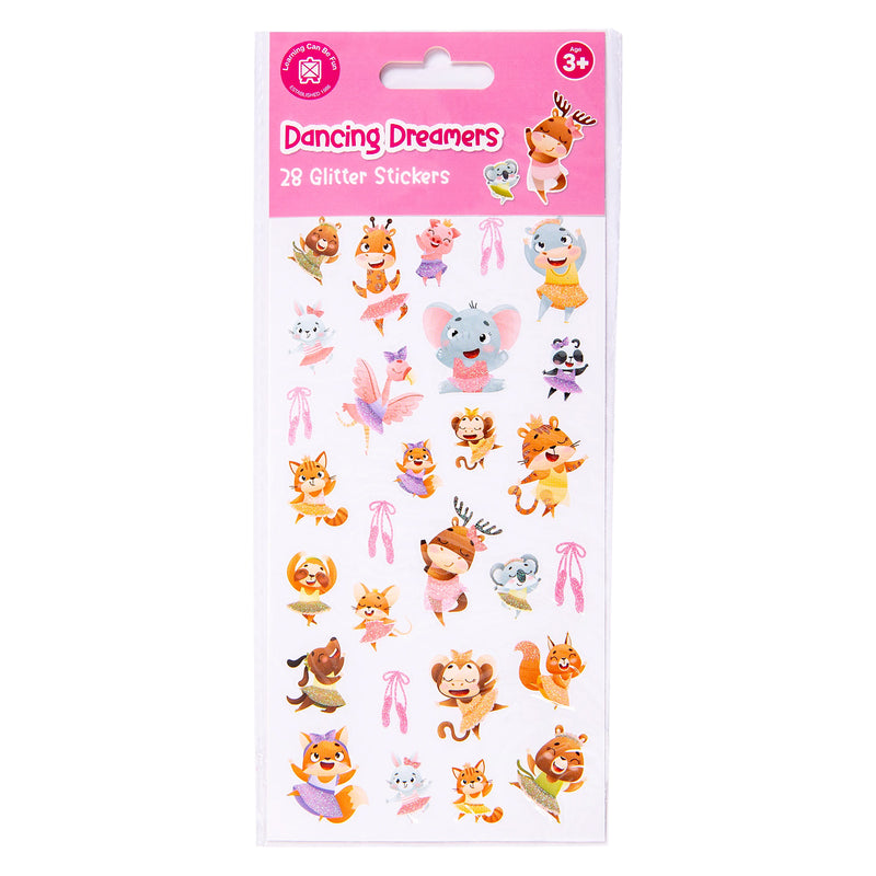 Retail packaging for the Dancing Dreamers Glitter Sticker Set featuring Learning Can Be Fun branding, age recommendation and a preview of the glitter accented animal dance stickers.