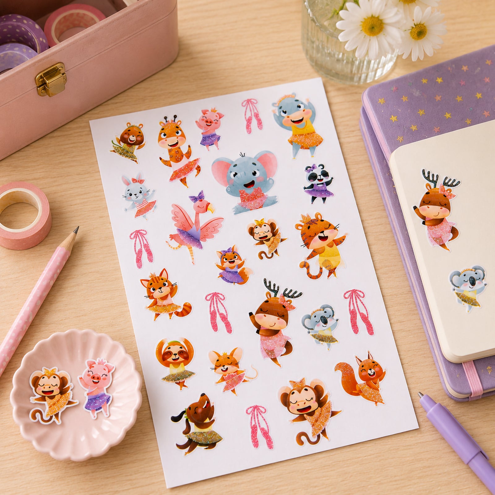Dancing Dreamers sticker sheet displayed with notebooks, stationery and decorative craft supplies. Glitter accented animals including elephants, foxes, koalas and deer appear in joyful dance poses.
