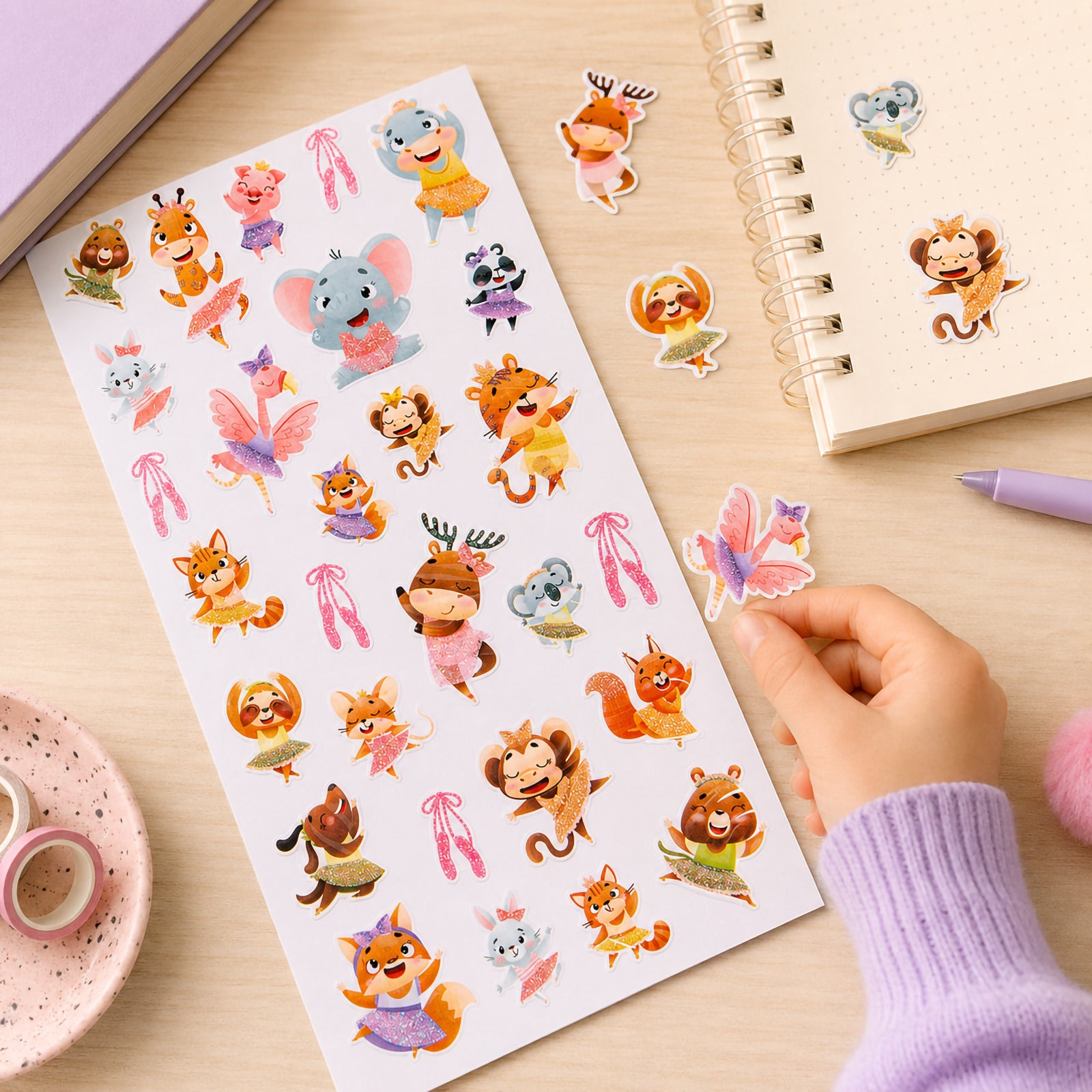 Child placing a glitter flamingo dancer sticker onto a notebook while surrounded by colourful animal dance stickers. The collection features cheerful animals wearing sparkling costumes and ballet themed accessories.