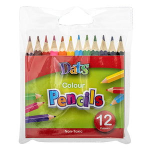 Dats assorted coloured pencils half length in a wallet of 12, spread out to show all colours