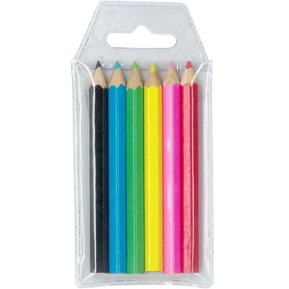 Dats wallet of six half length coloured pencils in a clear PVC sleeve with a punched hang tab, the sharpened pencils standing side by side in black, blue, green, yellow, pink and red on a white background.