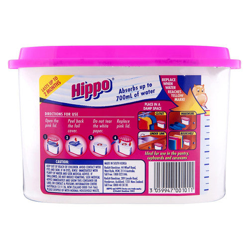 Hippo Moisture Absorber 300g Pack of 8. Close-up of a single Hippo Moisture Absorber 300g container showing pink lid and label.
