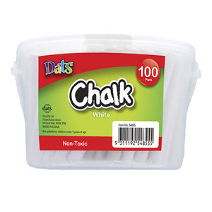 Clear lidded tub of Dats white chalk with a red and green label reading Chalk White and 100 Pack, plus item number 54855 and a barcode, white sticks visible through the sides.