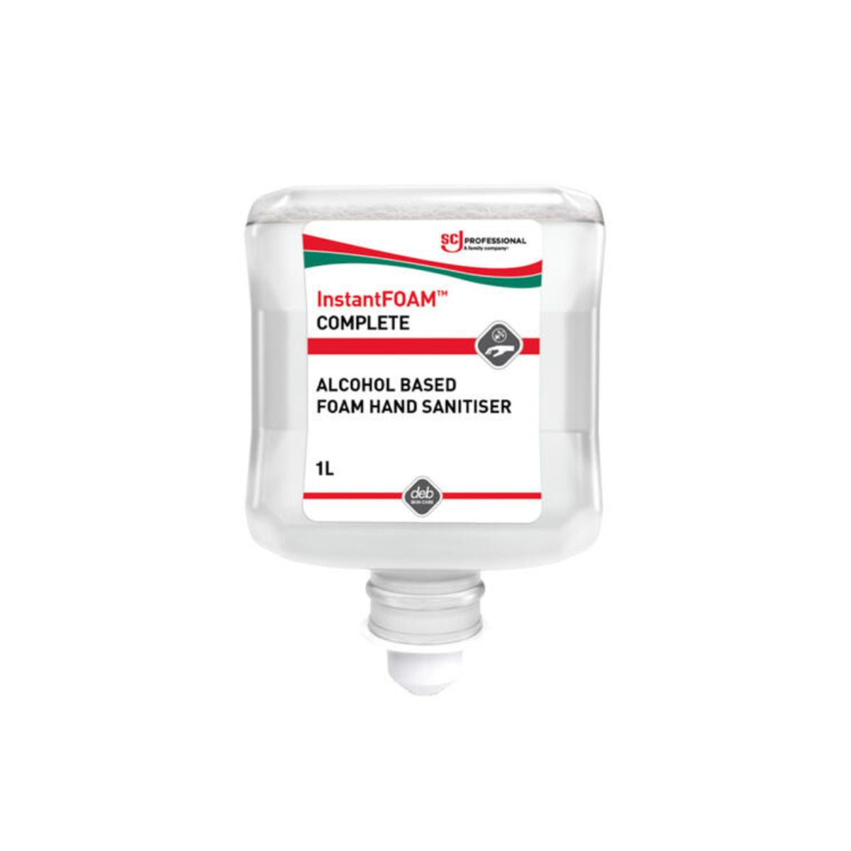 Deb InstantFOAM Complete 1 litre clear cartridge, labelled SC Johnson Professional alcohol based foam hand sanitiser, showing the deb roundel and the flammable hazard pictogram on the front label