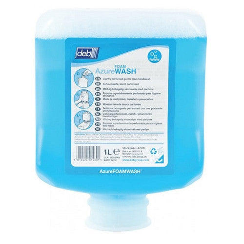Deb Stoko Azure Foam Wash 1L cartridge showing fragrance and biodegradable certification label