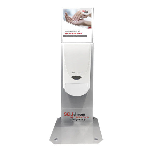 Deb Stoko countertop dispenser stand in metal construction with customisable header panel for hand hygiene stations