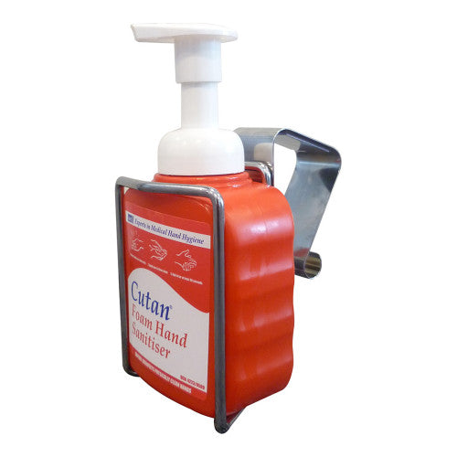 Close-up of Deb Cutan metal wall bracket mounted and holding a 400ml bottle