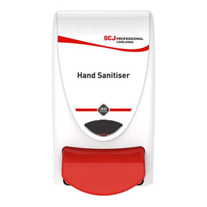 Deb Stoko 1L manual hand sanitiser dispenser in white and red with BioCote antimicrobial protection