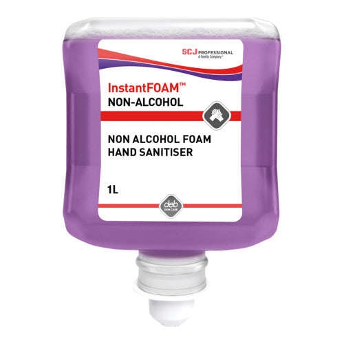 Deb InstantFOAM Non-Alcohol Foam Hand Sanitiser 1 litre bottles, pack of 6, displayed together on a white background
