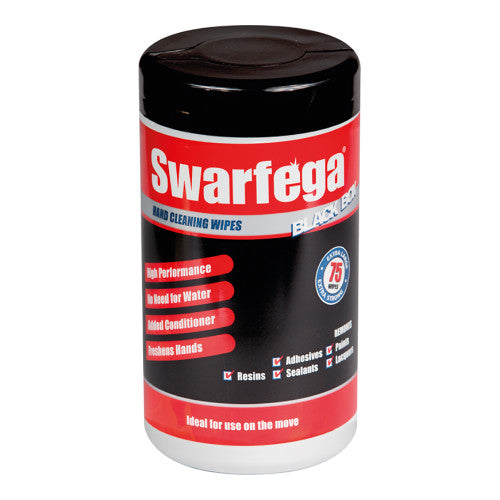 Deb Stoko Swarfega Black Box Specialist Wipes tub showing solvent-impregnated industrial hand cleaning wipes, pack of 6 x 75 wipes